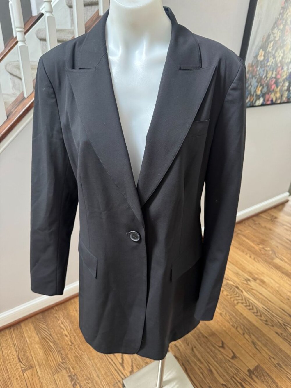 Lafayette 148 New York Black Wool Long One Button Blazer Jacket Size 12